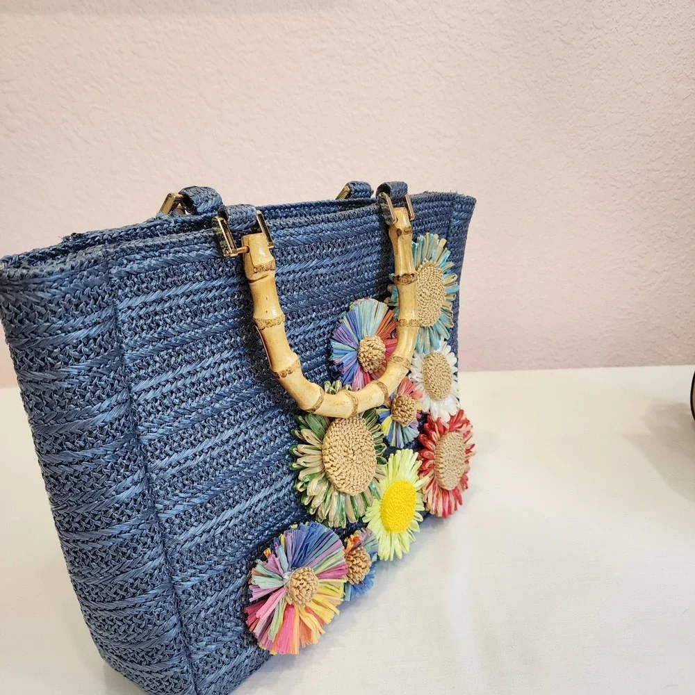 Haute Hippie Women's Straw Raffia Bag Purse With Gold Tone Chain Retro Ladylike
